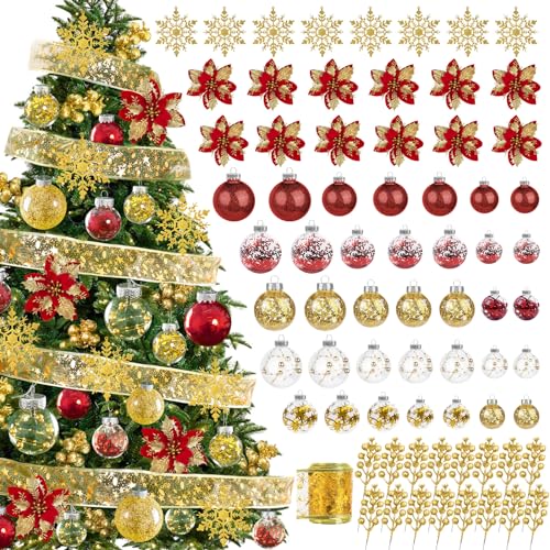 Lot de 72 décorations de sapin de Noël en plastique transparent incassable avec flocons de neige, ruban de poinsettia, fleurs poinsettia, tiges de baies à paillettes (rouge et doré)