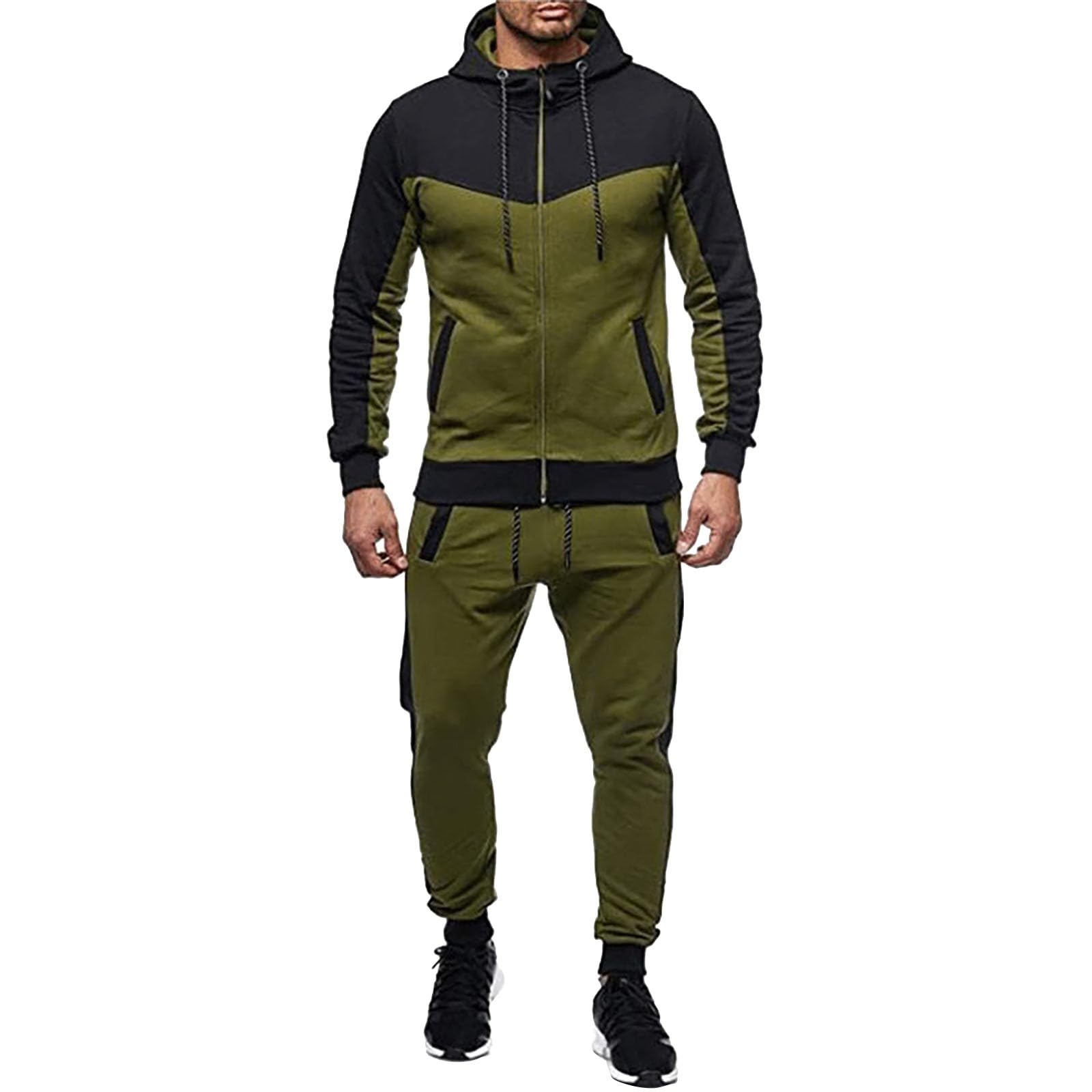 Męski dres treningowy, 2-częściowy, zapinana na zamek bluza z kapturem i joggery, zielono-czarna odzież sportowa dla mężczyzn, miękka bawełniana dres treningowy z kieszeniami, lekki, wygodny strój na