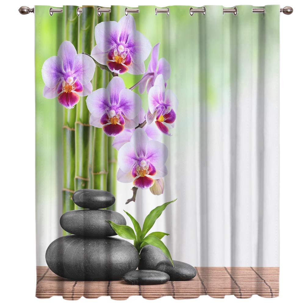 Blickdichte Gardinen Verdunkelungsvorhang mit Ösen Lila Orchidee auf schwarzen Kieselsteinen 100% Polyester Lichtundurchlässige Vorhang für Schlafzimmer Geräuschreduzierung 110x215cmx2 Stücke