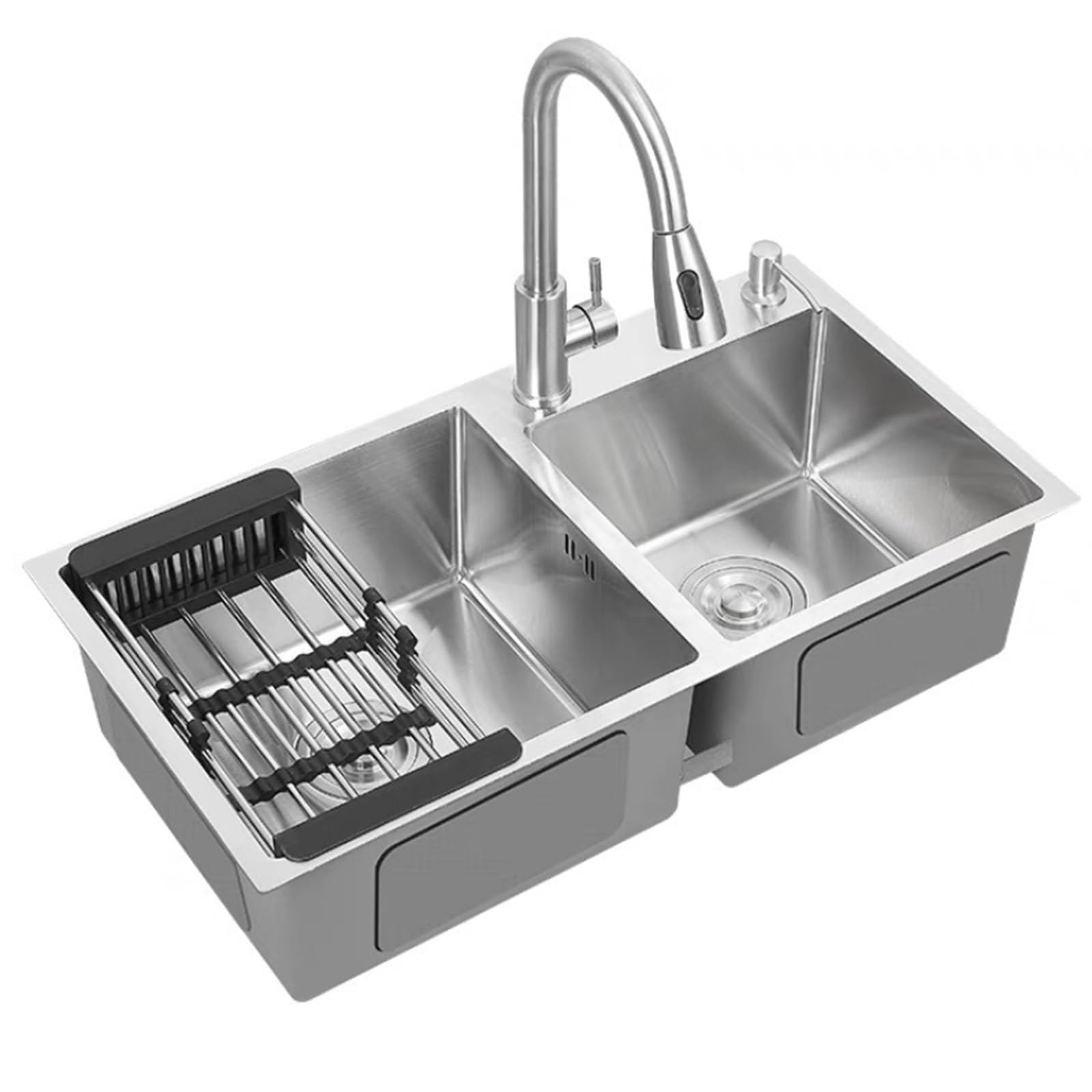 ZQFHSX Stainless Steel Double Bowl Kitchen Sink with Pull-Out Faucet - Brushed Finish, Dual Basin Undermount/Topmount for Washing and Food Prep