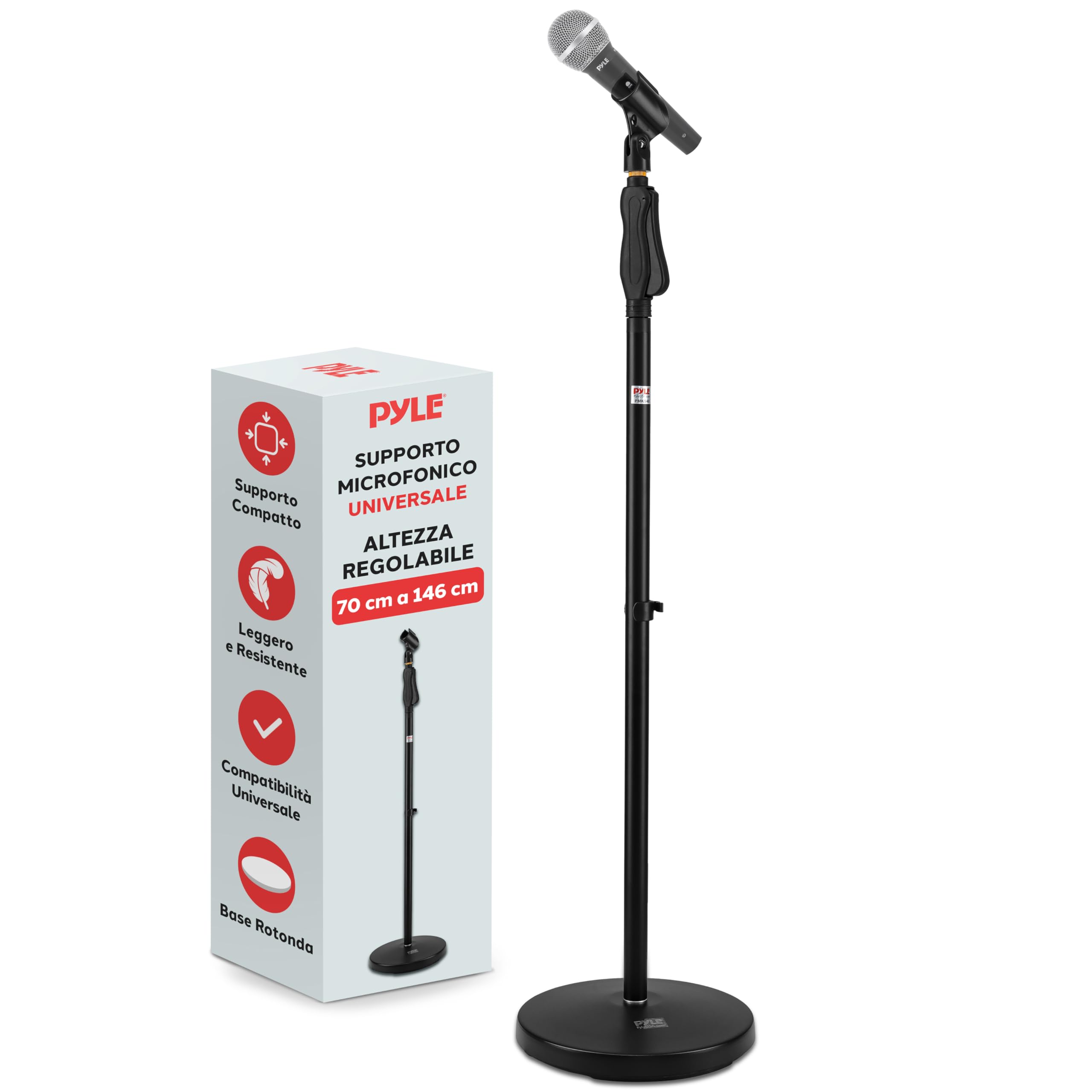 Pyle Asta Microfono, Supporto Microfono Universale M-6, Altezza Regolabile 70-146 cm, Base Rotonda Compatta, Pomello di Serraggio Rapido, Leggero e Resistente
