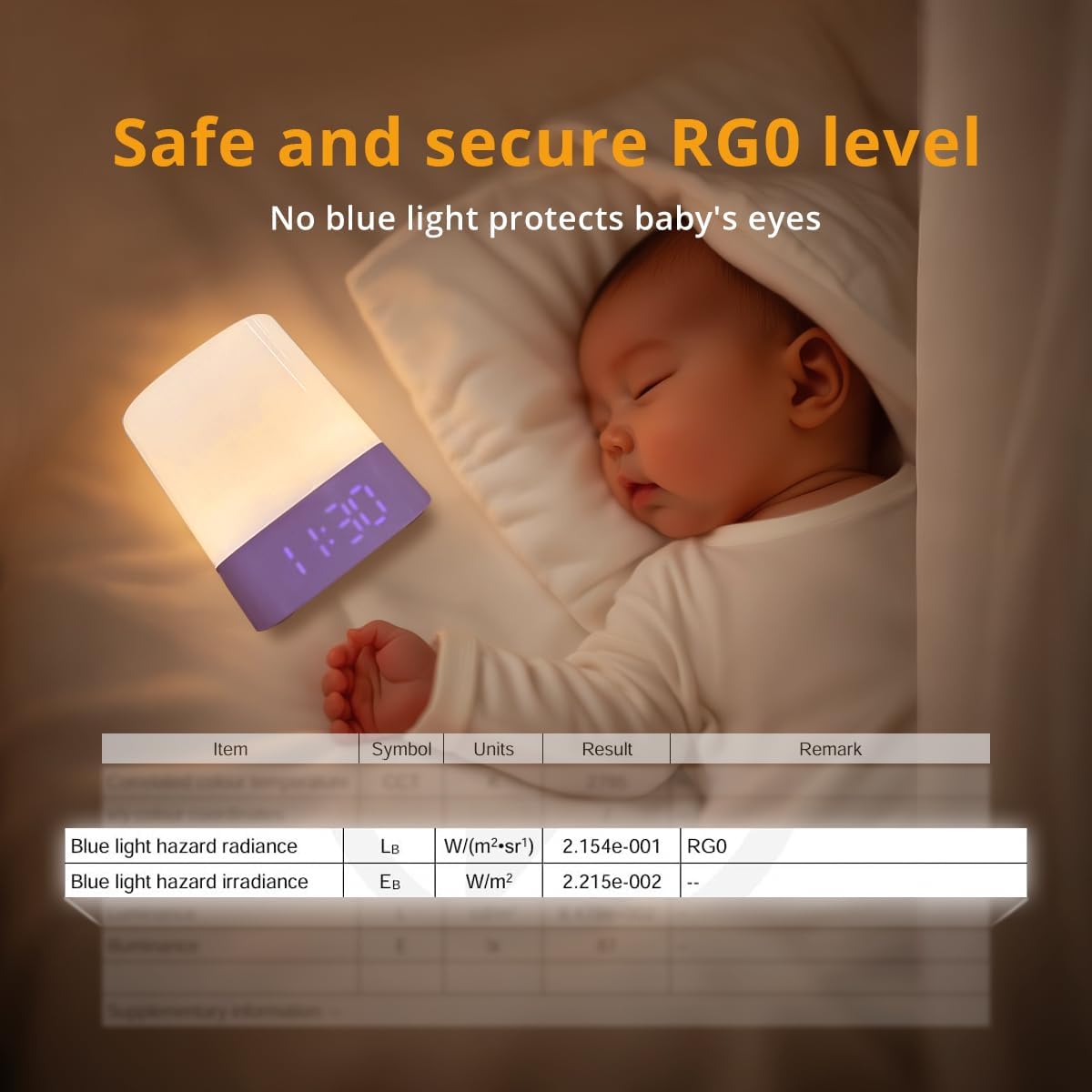 Lyridz LED Nursery Night Light with a sleeping baby, illustrating its RG0 blue light hazard certification