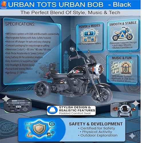 Image of Urban Tots 3-Wheel Electric Urban Bob Ride-On Bike for Kids | LED Lights, Music, USB & Bluetooth | Rechargeable Toy Bike | Age 3+ Years (Urban Bob, Black)