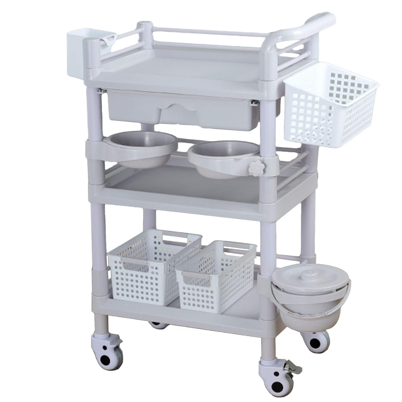 asdchZen Utility Organizer Cart Heavy Duty Rolling Service Cart With Storage Baskets & Dirt Bucket, Laboratory/Beauty Club Tool Instrument Trolley, Easy Clean