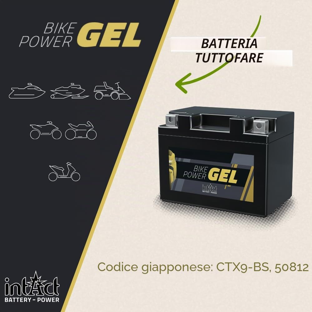 intAct - BATTERIA GEL PER MOTOCICLI Bike-Power GEL12-9-BS. Sostituisce YTX9, YTX9-BS. Batteria per moto 12V 8Ah 170A. Dimensioni: 150x87x105 mm. Con una potenza di avviamento superiore del 30%.