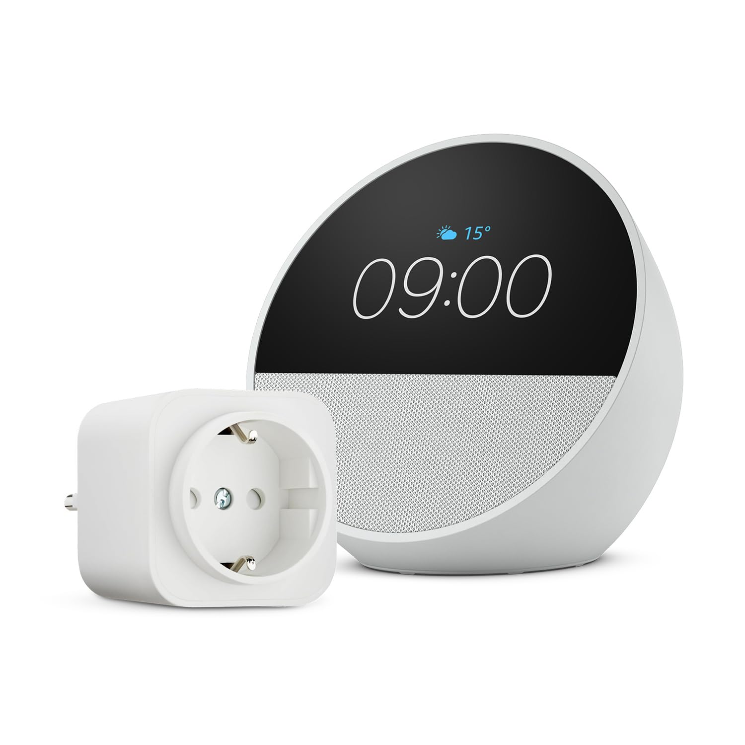Amazon Echo Spot (última generación) | Blanco + Amazon Basics Enchufe Inteligente, compatible con Alexa - Kit de inicio de Hogar digital