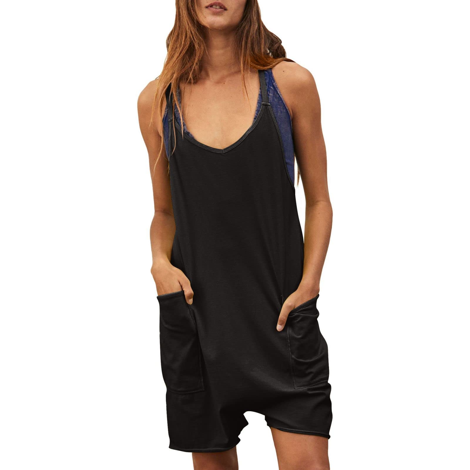 Women's Romper Jumpsuit Sleeveless Spaghetti Strap Shorts Loose Fit Casual Summer Overalls with Pockets