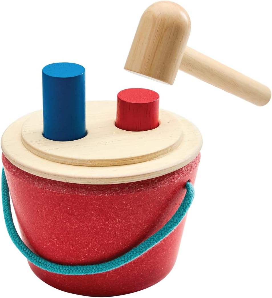 PlanToys® Montessori Wooden Bucket Learning Set for Babies & Toddlers | Object Permanence, Shape Sorting & Hammering Toy | Fine Motor Skills & Early Development Play for Kids