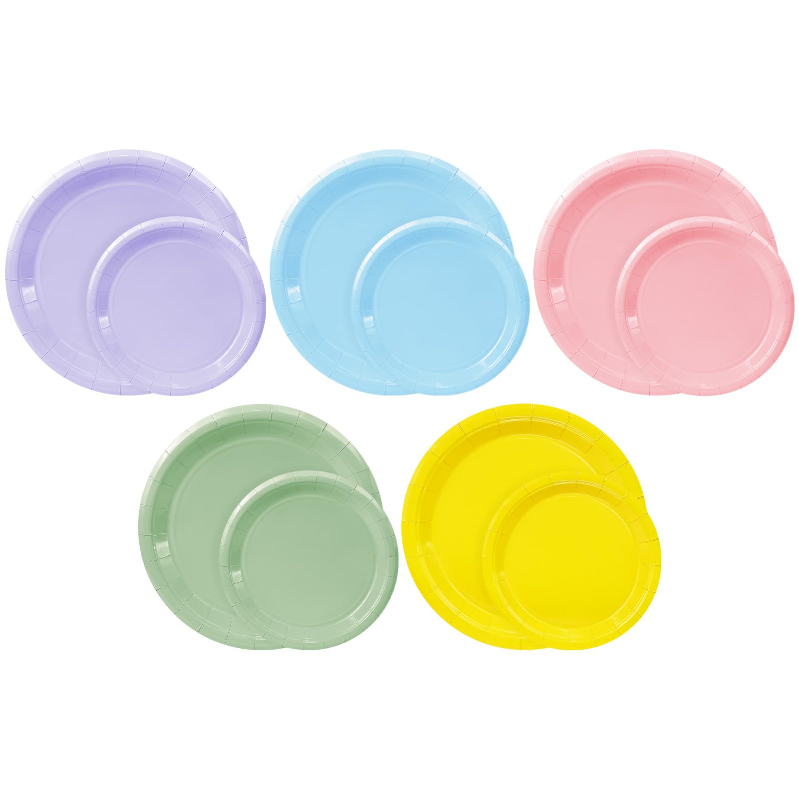 LANLISA 100 Colored Paper Plates Set Includes 50-9" & 50-7" Disposable Birthday Cake Dessert Rainbow Plates For Party Supplies