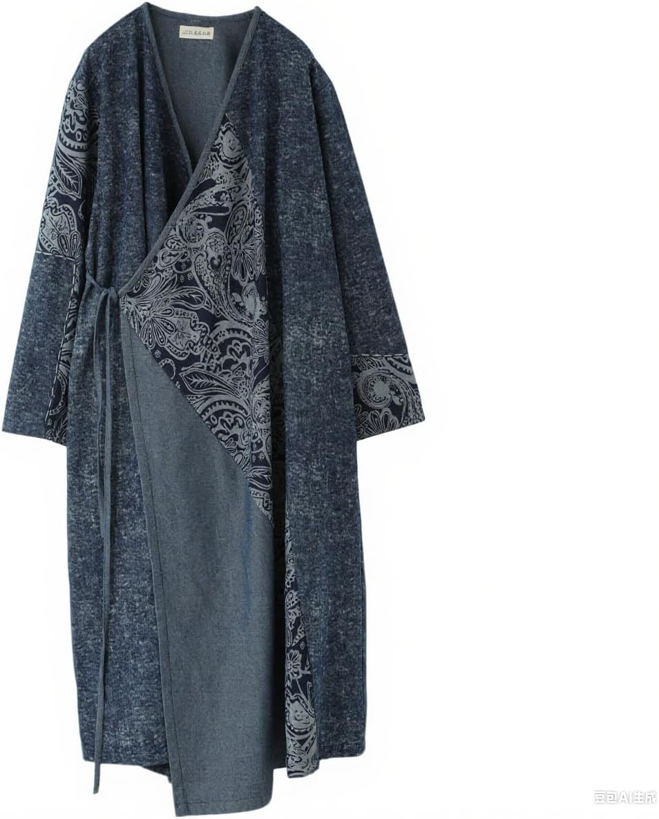 Women's Vintage V-Neck Tie-Belt Long Denim Jacket Coat Streetwear Trench Coat with Graffiti Patchwork Design - Image 6