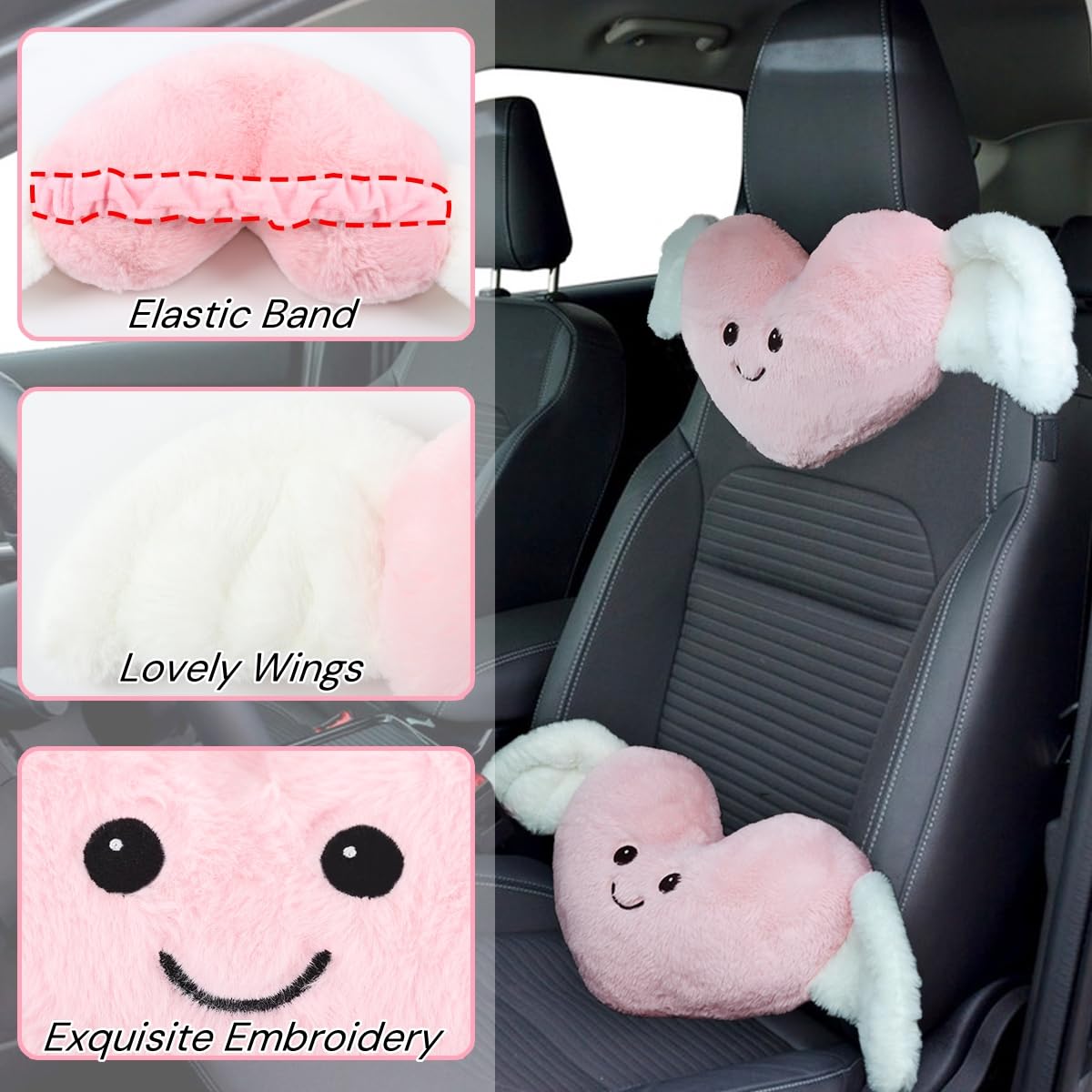 Sexysamba 2 Pcs Heart Shaped Car Headrest Pillow Devil & Angel Wings Neck Pillow Cute Car Seat Decor Neck Support Cushions for Travel Sleeping, Driving, Home, Office, Black Devil: Pink Angel Heart Shaped