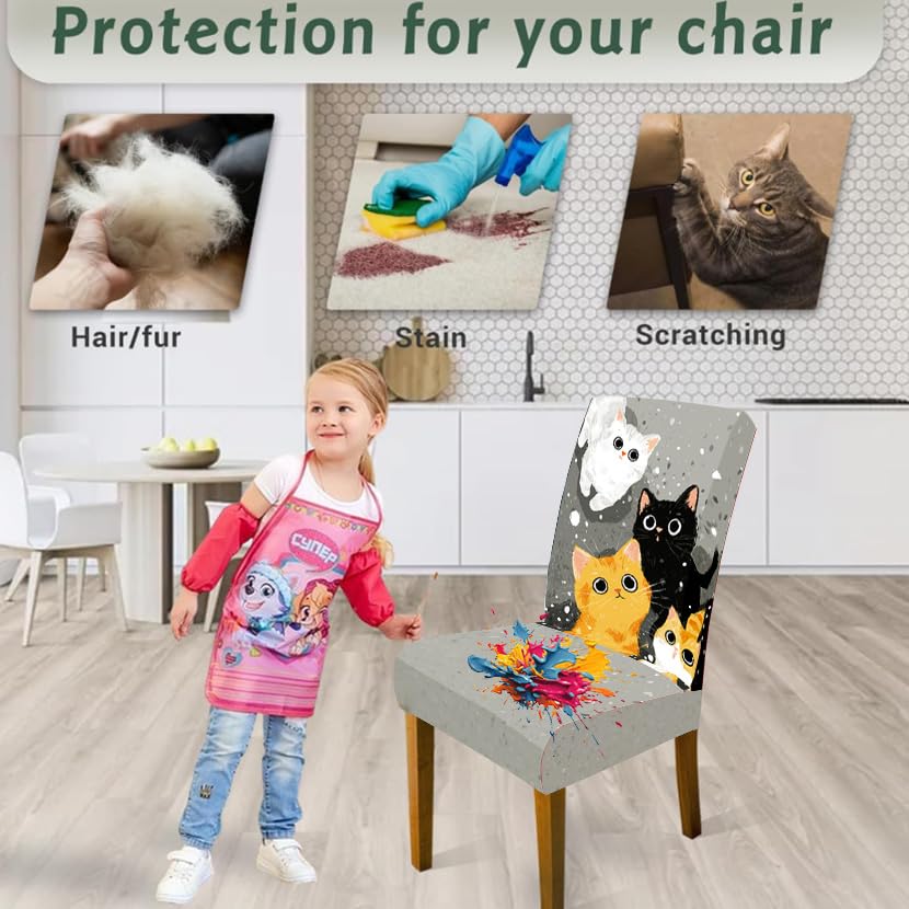 Image of Cute Cat Kitten Dining Chair Covers Set of 4, Stretch Slipcover