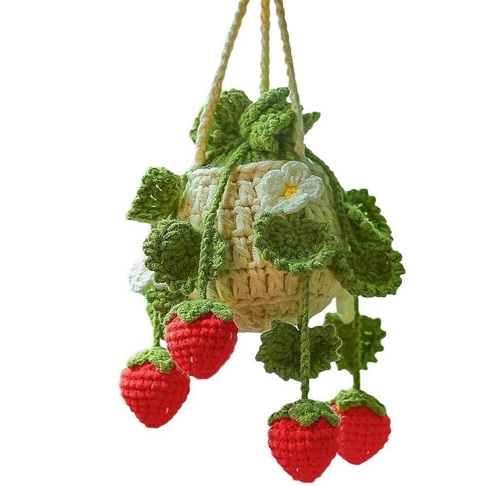 yasoe Car Plant Crochet Hanging Basket, Strawberry Plant Pendant, Car Rearview Mirror Ornament Pendant Green