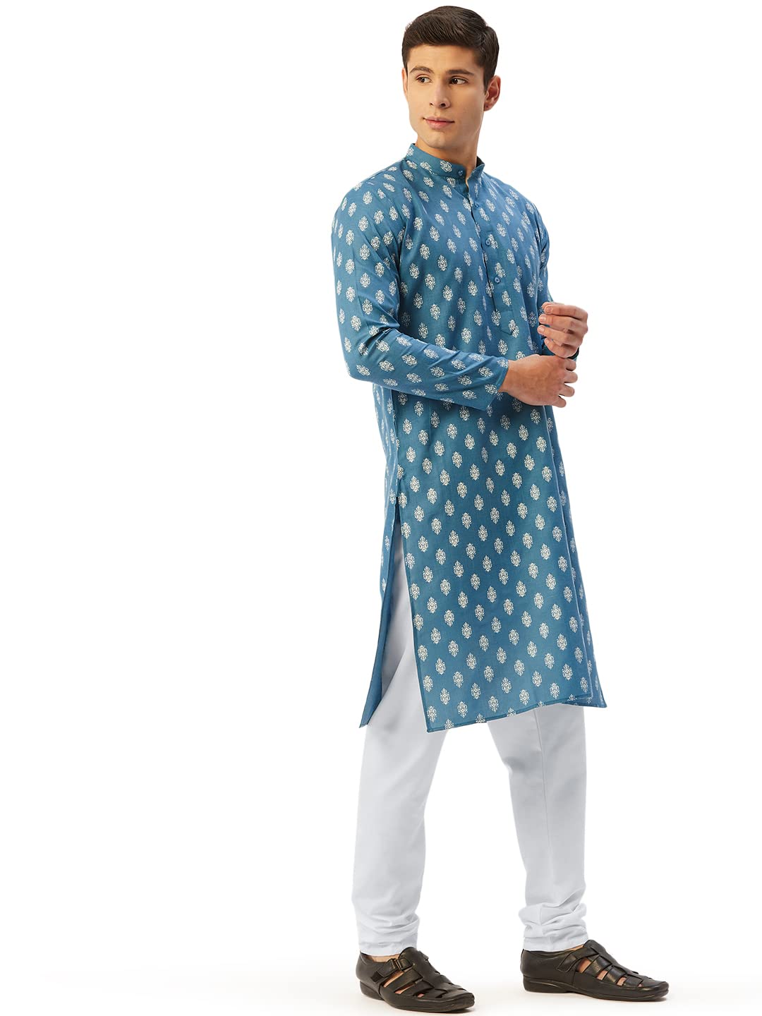 Jompers Men's Cotton Floral Printed Kurta Pyjama Set. (Teal, M)