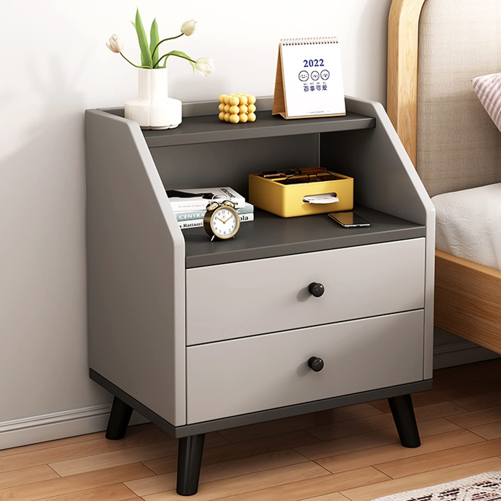 SXZenSpace Mid-Century Modern Nightstand with 2 Drawers, Stylish Bedside Table Storage, Charming & Practical Bedroom Furniture (Color: Gray, Size: 40 x 30 61 cm)