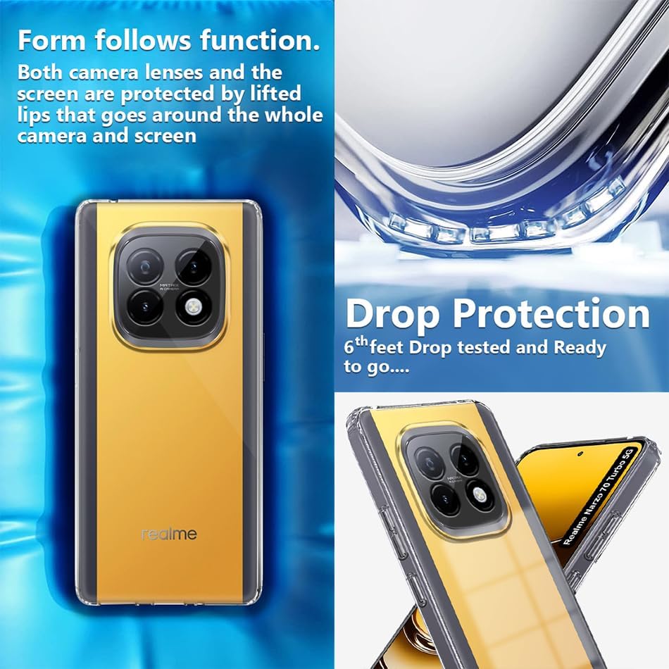 Image of Fashionury Crystal Clear Case for Realme Narzo 70 Turbo 5G | Yellowing Resistance | Transparent TPU Silicone | Raised Camera Lips | Slim Transparent Cover