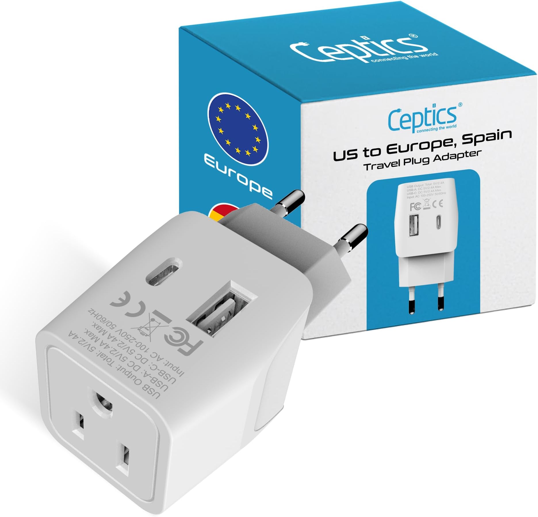 Ceptics 3 in 1 European Travel Plug Adapter - Compact Type C Adapter with USB-A & USB-C, Ideal for Phones, Laptops, Cameras & More, Perfect for Belgium, France and other EU countries - CTU-9C