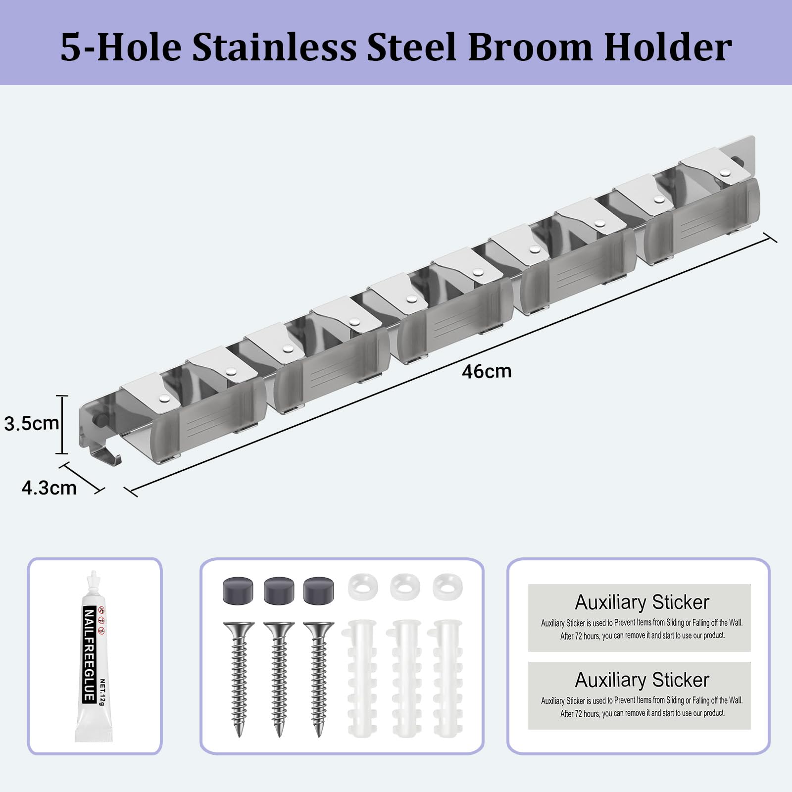 Oamwrae 5 Slot Broom Holder Wall Mounted with 2 Hooks, Stainless Steel Mop Holder - Image 2