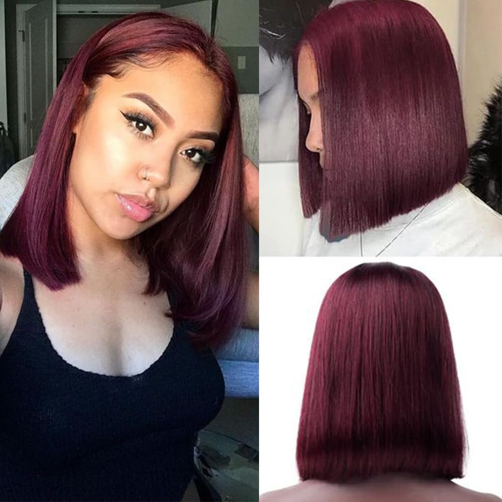 Datanala Bob Wig Human Hair 12Inch 99J Brazilian Virgin 100% Unprocessed Straight Human Hair 13X4 Transparent Lace Front Wigs Pre Plucked Bleached Knots Straight HD Lace Front Bob Wig