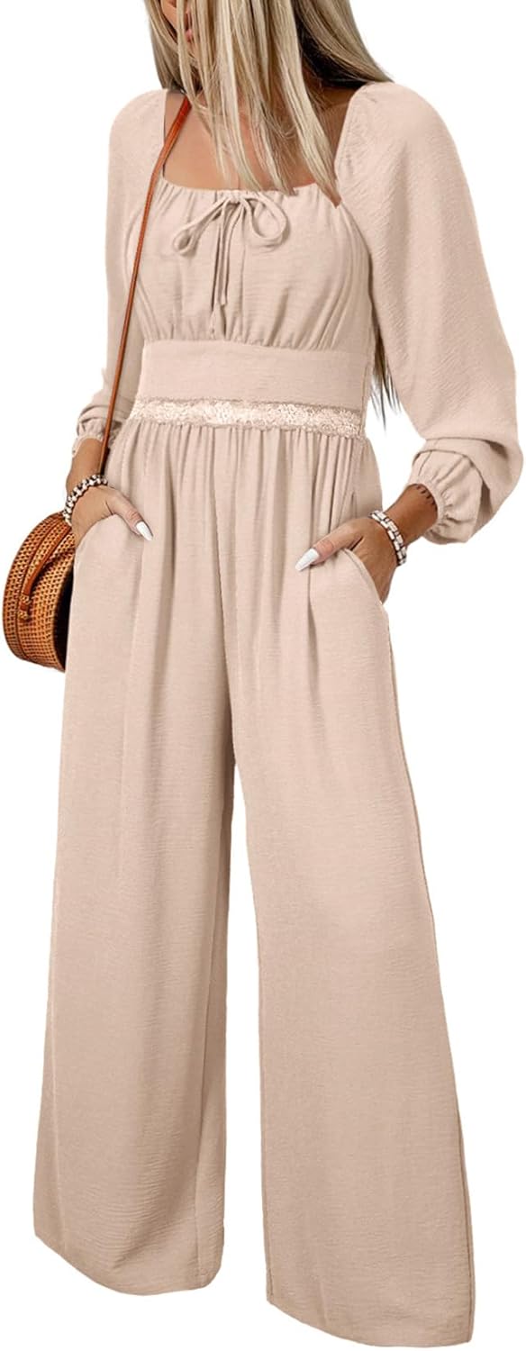 Happy Sailed Women's Long Sleeve Jumpsuits Loose Fit Overalls Square Neck Pockets High Waisted Wide Leg Pants Rompers