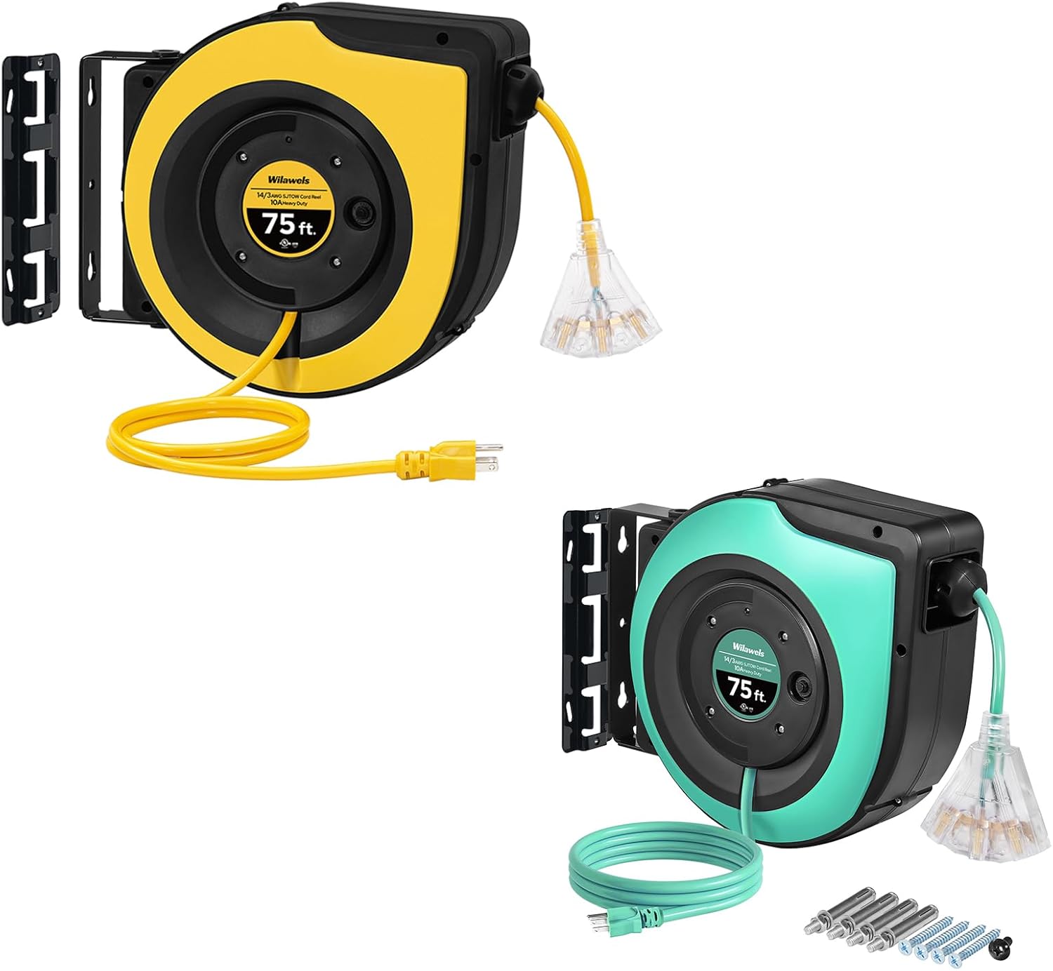 75 FT & 75 FT Retractable Extension Cord Reel Bundle, Heavy Duty Extension Cord, Wall/Ceiling Mounted, UL Listed Y75CR06-A75CR06