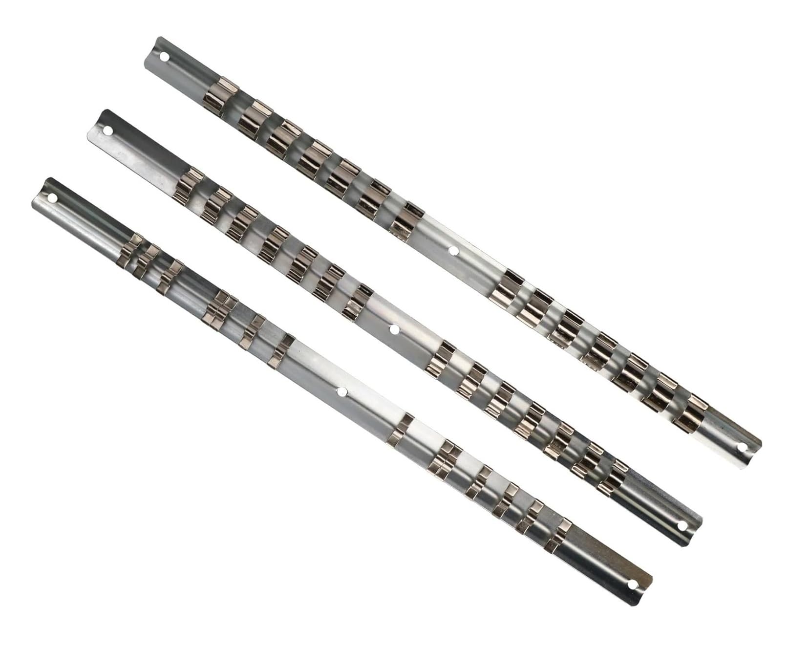 ADAM DEALS 3 Piece Socket Storage Rail Organizer Set - 42 Clips, Zinc Plated Iron Rails with Nickel Plated Socket Clips, 1/4", 3/8", 1/2" Drive - 400mm Length, Premium Quality Socket Holders