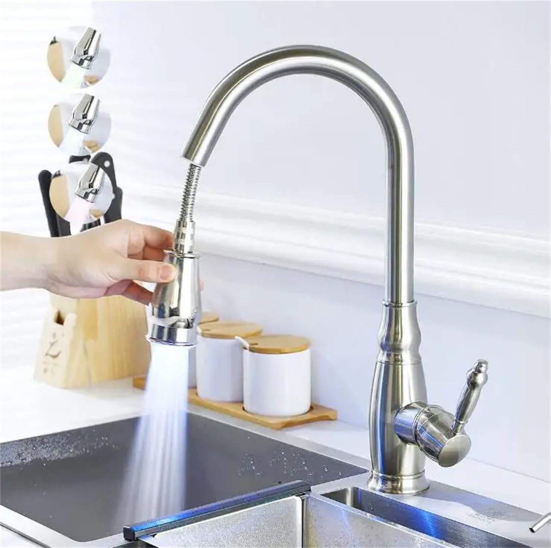 ZQFHSX Led Kiten Faucets Nickel Single Handle Pull Out Tap Hole Swivel Water Mixer LWX