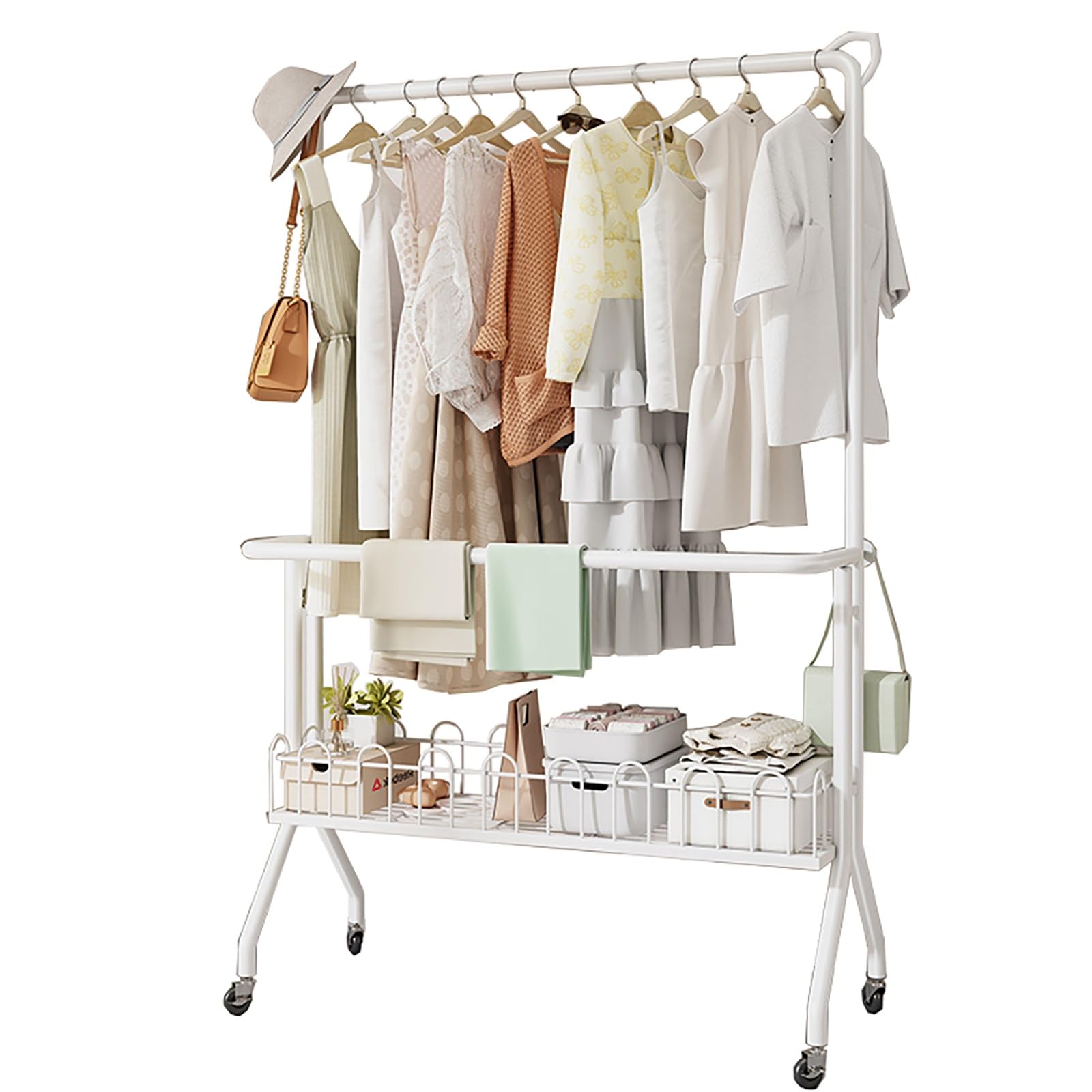 Penderie double tringle blanche 80 cm à roulettes pour aménager une chambre épurée