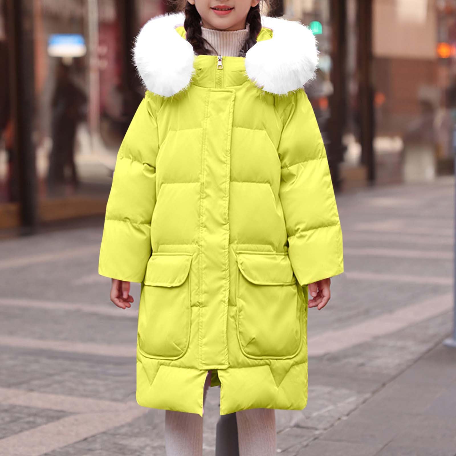 Chaqueta larga acolchada para niñas con capucha de piel sintética para invierno, resistente al viento, con capucha, estilo casual, para exteriores, cortavientos, longitud media, para