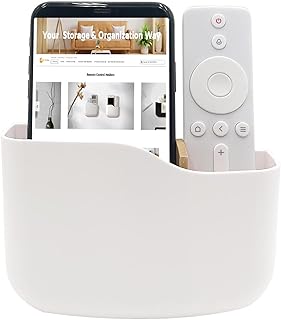 SUNFICON Adhesive Remote Control Holder Wall Mount Media Player Controller Holder Universal TV Remote Organizer Caddy Box Tray Hollow Bottom Slot Easy Phone Charging Home Office Desk Nightstand White