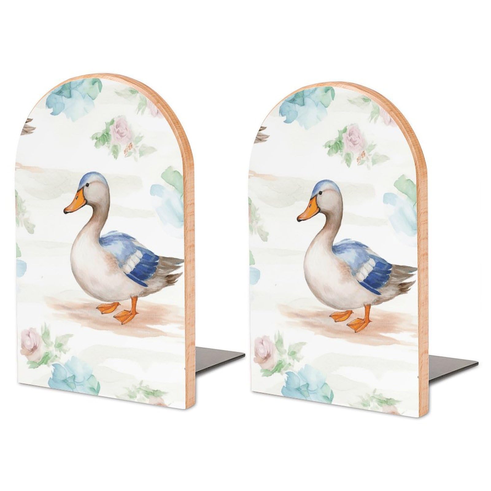 Serre-livres réglables bois de hêtre et fer canard aquarelle maison