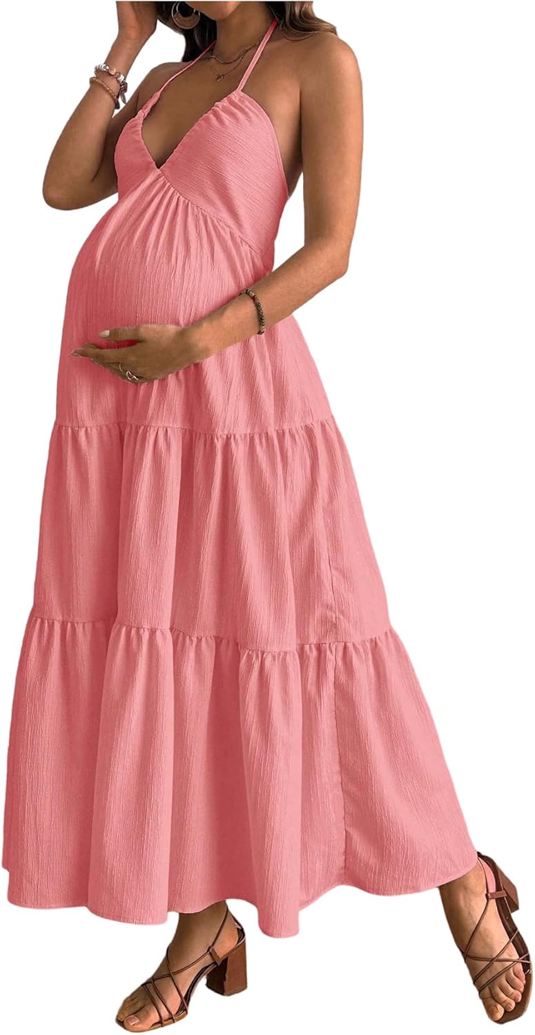 OYOANGLE Women's Maternity Sleeveless Tiered Dress V Neck Bow Tie Back Flowy Long Cami Dress for Baby Shower