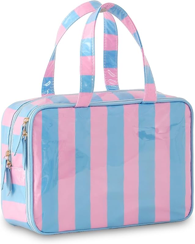 Necessaire THOVSMOON listrada rosa e azul com compartimentos