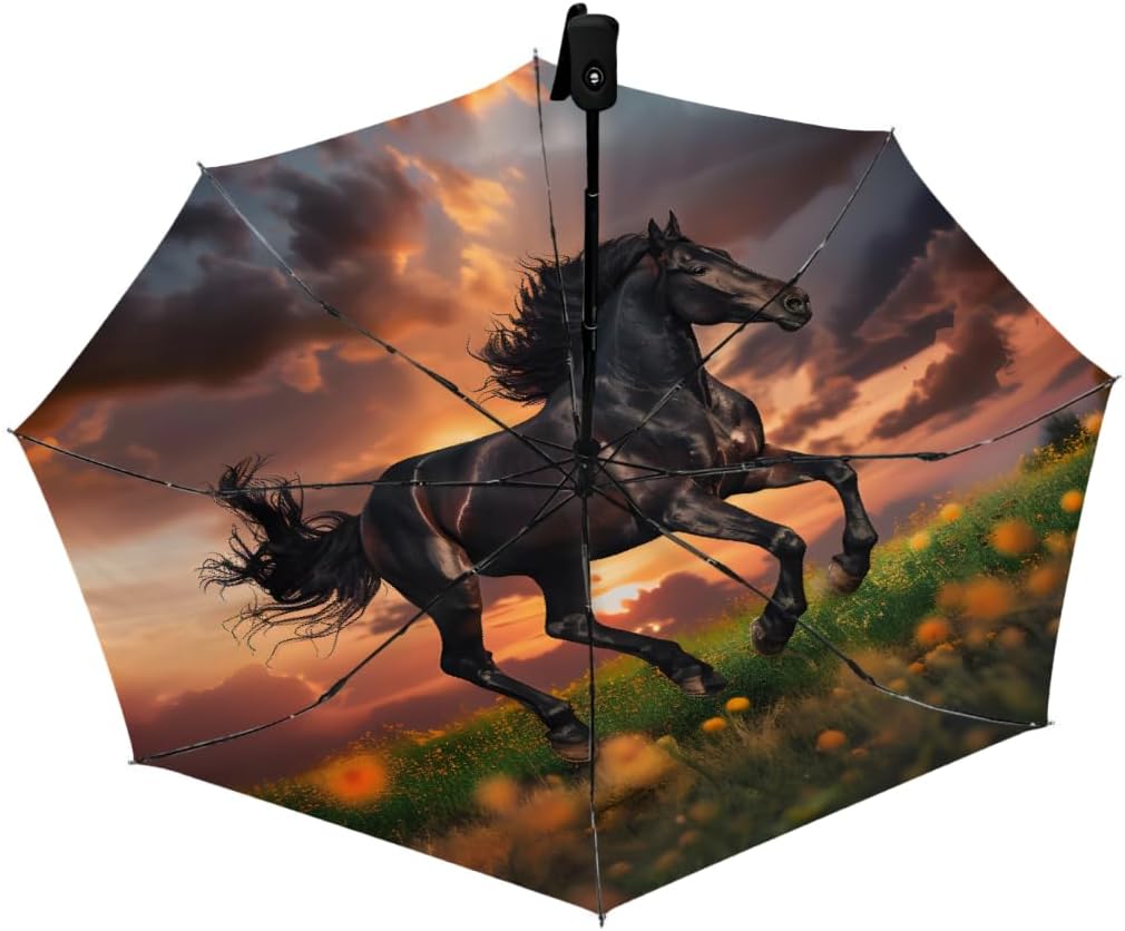 Black Horse Sunset Folding Umbrella Windproof Compact Lightweight Travel Umbrella with 8 Reinforced Ribs, Portable UV Sun & Rain Protection for Men & Women