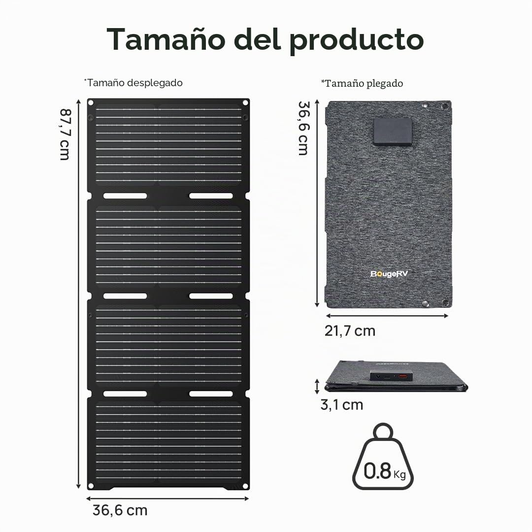 BougeRV Panel solar plegable 50W, fibra de vidrio 270°, 0,8 kg, módulo solar con salidas DC/USB-C/USB-A, panel solar portátil con mosquetón, compatible con celular, tableta, pequeña central eléctrica