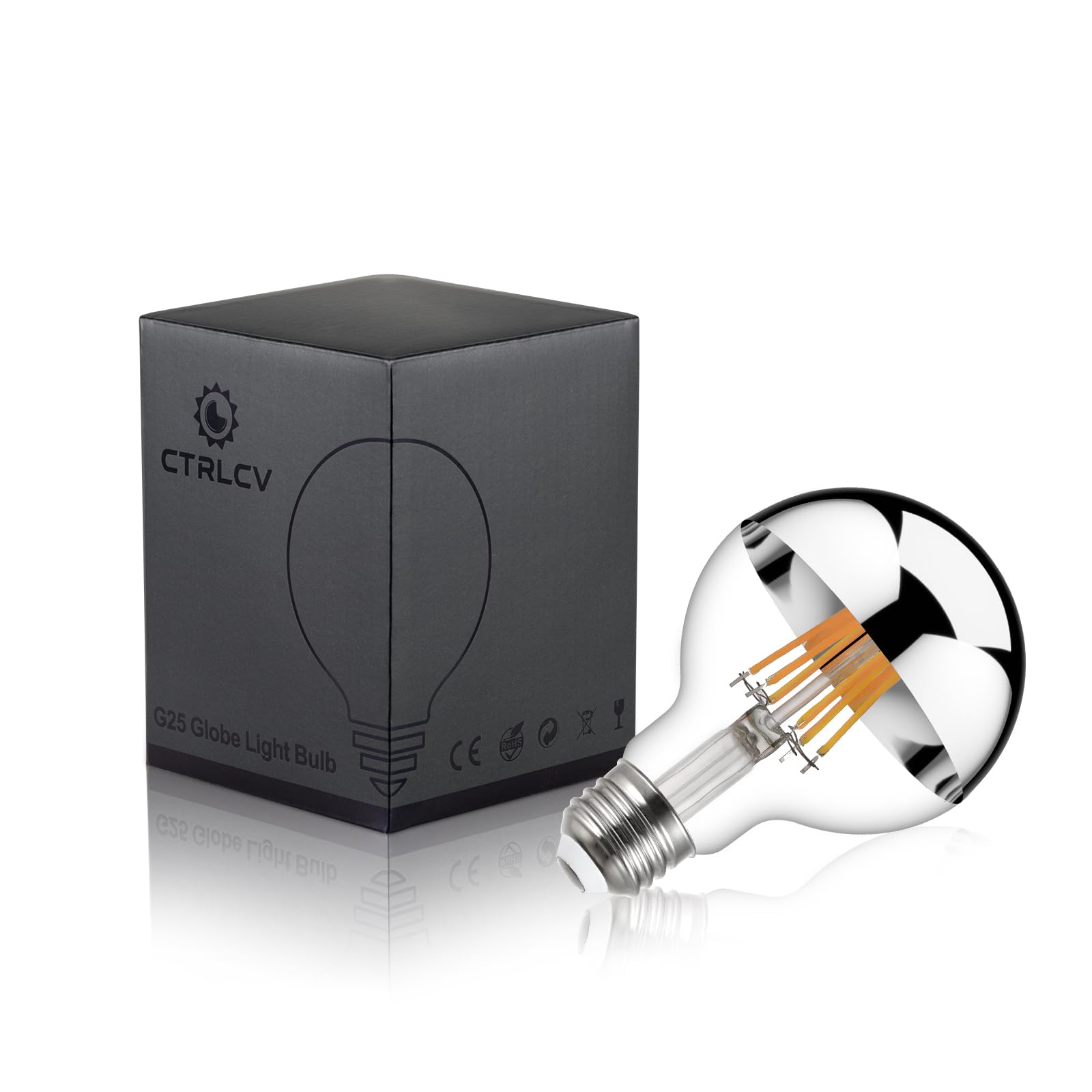 CtrlCV LED Half Chrome Globe Light Bulb, G25 (G80) Globe Bulb, Standard E26 Base, Decorative Silver Bowl, Filament Anti-Glare, 2700K Soft White,Perfect for Home Lighting Decoration