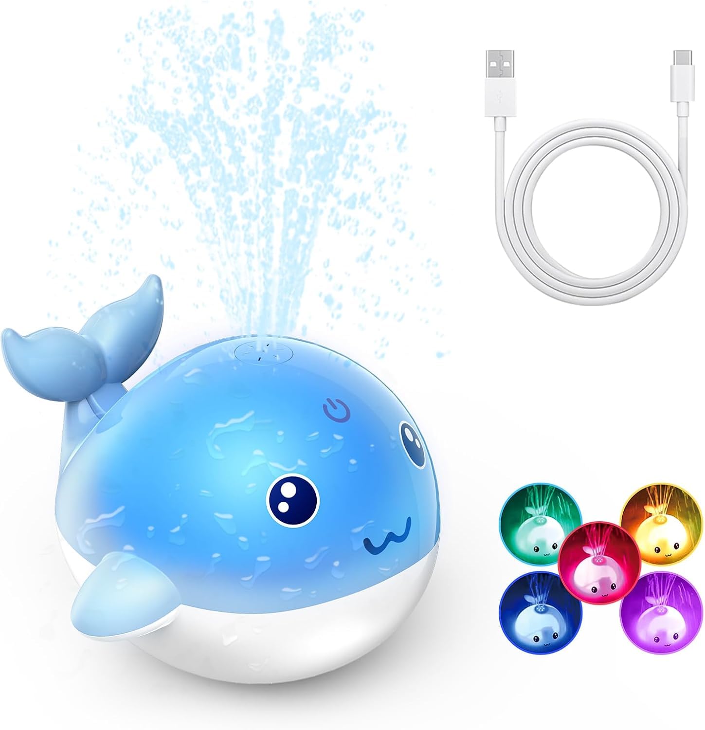 PHNIXGAM Juguete de baño para bebé, Recargable con luz, Ballena, aspersor, bañera, Piscina, Fuente de Agua, Juguete para niños pequeños (Azul)
