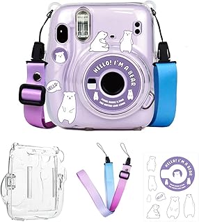 جراب حماية شفاف متوافق مع فوجي فيلم انستاكس ميني 11 غطاء صلب كريستالي قابل للازالة ومضاد للخدش احزمة كتف بلون زهري ارجواني السيليكون