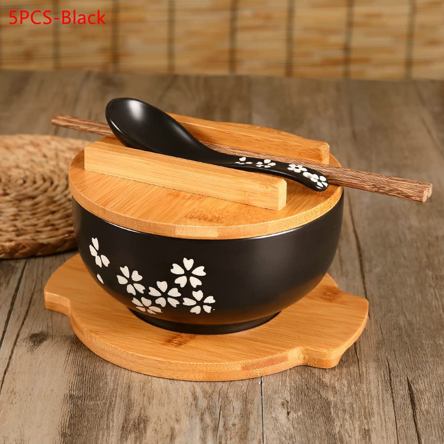 1 zestaw misek na makaron ryżowy w japońskim stylu z pokrywką łyżką i pałeczką kuchenna zastawa stołowa ceramiczna miska do zupy sałatkowej, pojemnik na żywność (5 szt./zestaw - czarny)