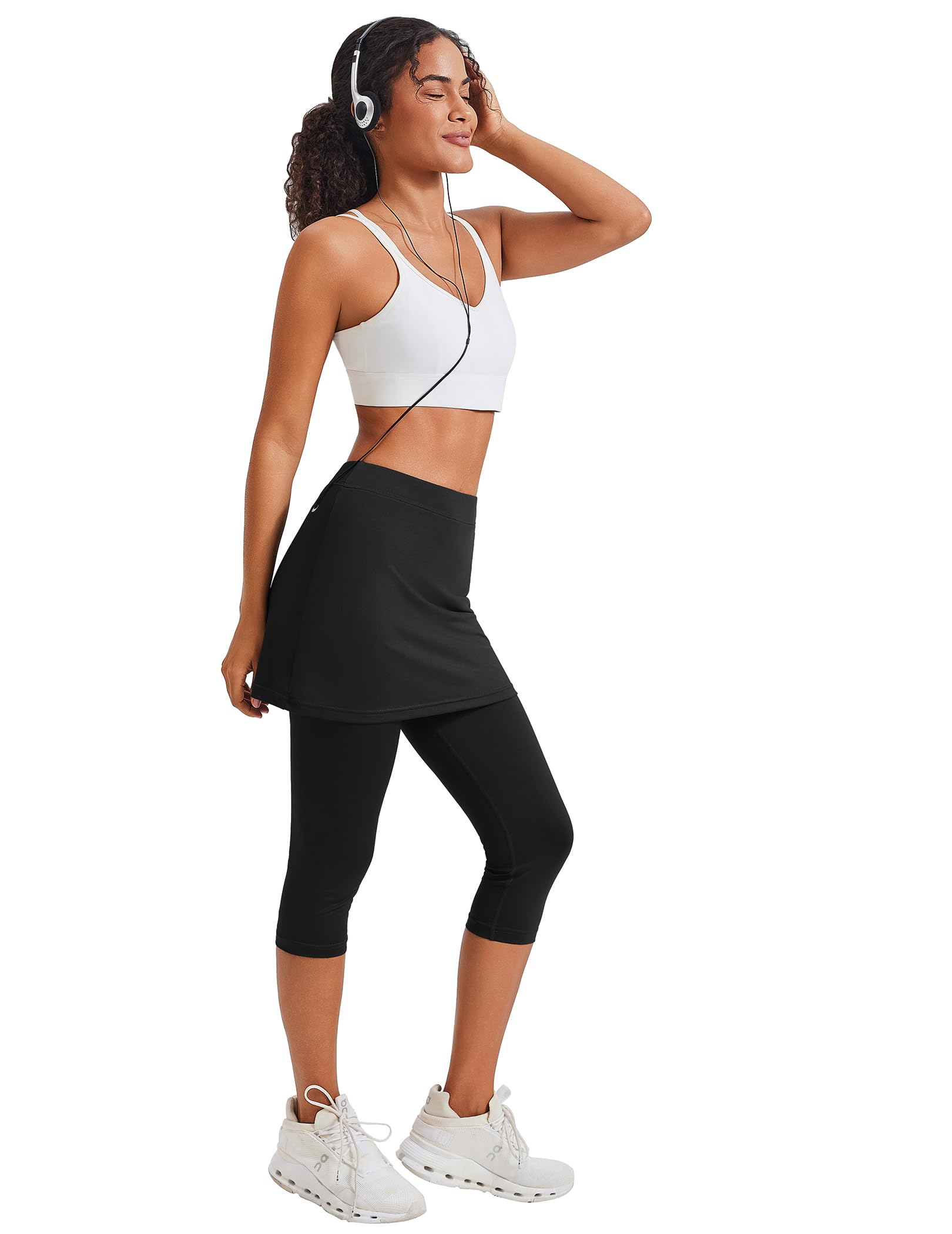 PINSPARK Falda de Tenis para Mujer, de Cintura Alta, con Pantalones Cortos hasta la Rodilla, pantalón Corto 2 en 1 para Correr, Pantalones de Yoga 3/4 con Bolsillos y Puerto para Auriculares