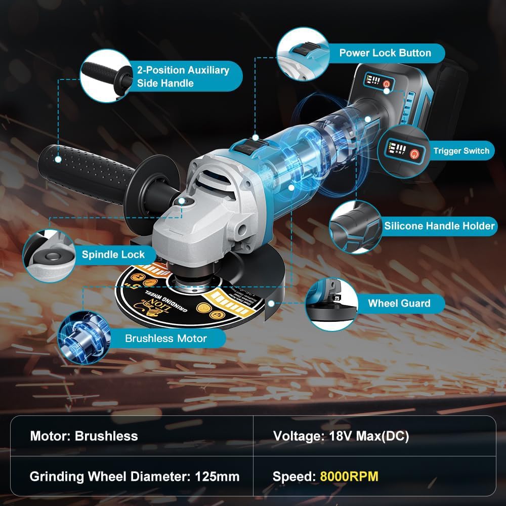 1200W Akku Winkelschleifer für Makita Akku 18V (Ohne Akku), 125mm Akku Flex mit 4 Geschwindigkeiten, Bürstenloser Profi-Winkelschleifer mit 2 Schleifscheiben 2 Trennscheiben zum Schleifen, Trennen