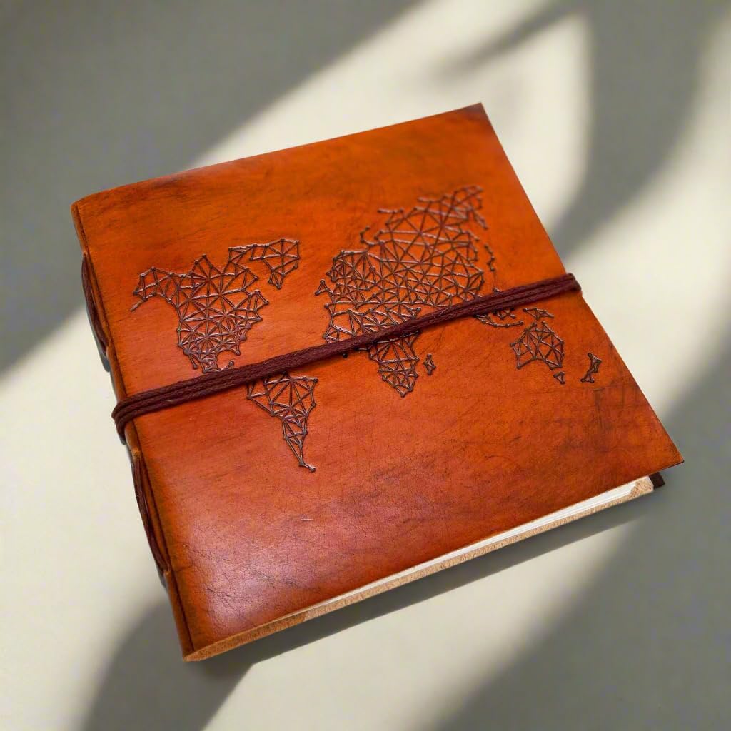 Soothi World Map Handmade Antique Leather Journal for Travel or Diary, Unlined, Brown, 7''x7''