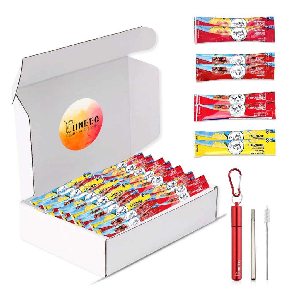 UneeQCrystal Light Drink Variety Pack, 60 Sugar-Free Drink Mix Packets in 4 Delicious Flavors, Raspberry Lemonade, Wild Strawberry, Lemonade, and Fruit Punch. Low-Calorie, Refreshing Hydration (60 with Red Straw)