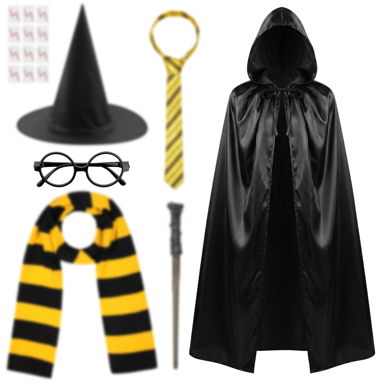 AUYAO 18 Pcs Wizard Costume Wizard Robe, Wizard Fancy Dress Up Costume with Magic Wand Cape Scarf Glasses Tattoo Sticker Tie Hat Cosplay Outfit for Book Day Halloween Men Women(100cm/39.37 inches) โ image 1