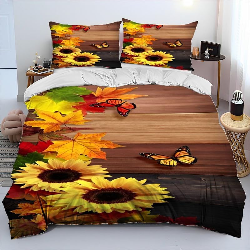 Housse de couette 90x190 tournesol brun en microfibre avec sa taie 65x65
