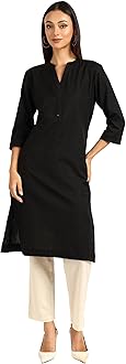 BLOCKS OF INDIA Long Cotton Kurta Womens Plain Straight Kurta, 3/4 Sleeve, Knee Length with 2 Pockets