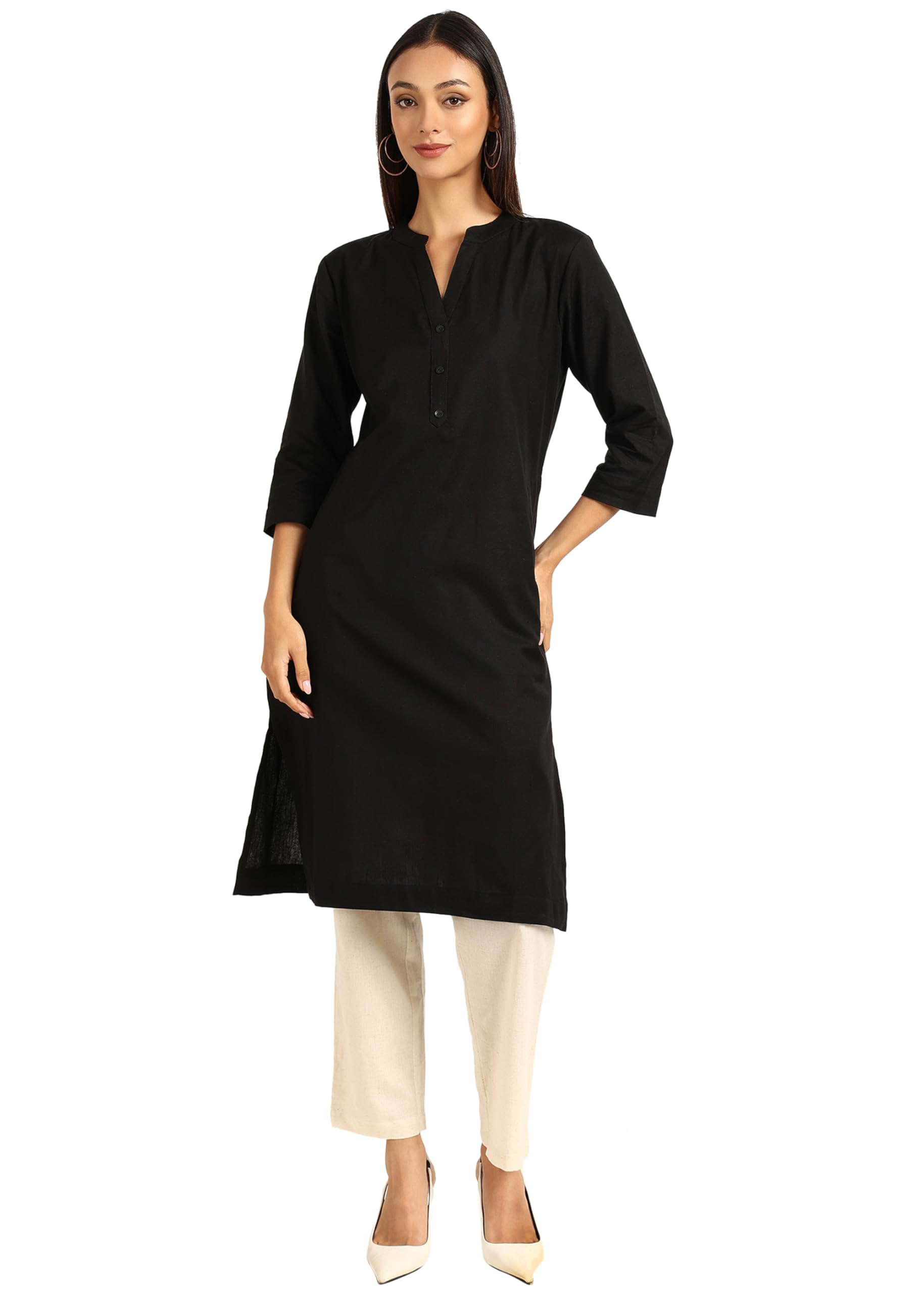 BLOCKS OF INDIALong Cotton Kurta Womens Plain Straight Kurta, 3/4 Sleeve, Knee Length with 2 Pockets