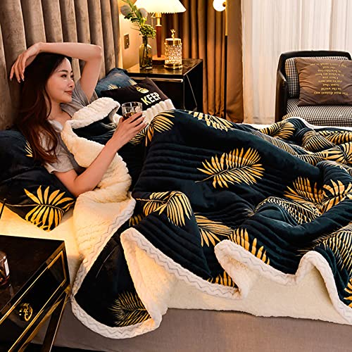 Queenshin Leaf Fluffy Sherpa Fleece Blankets Twin Size 60 * 80 Inch, Christmas 590 Gms Three-Layer Fabric Thick Double Bed Couch Sofa Snuggle Throws, Black #TOP3