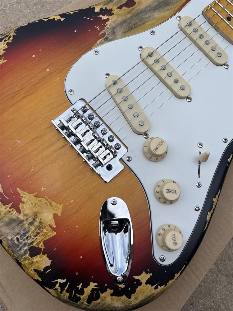 Niestandardowa gitara elektryczna z drewna basowego, gryf klonowy, postarzany sprzęt, wykończenie lakierem SunburstColor Nitro