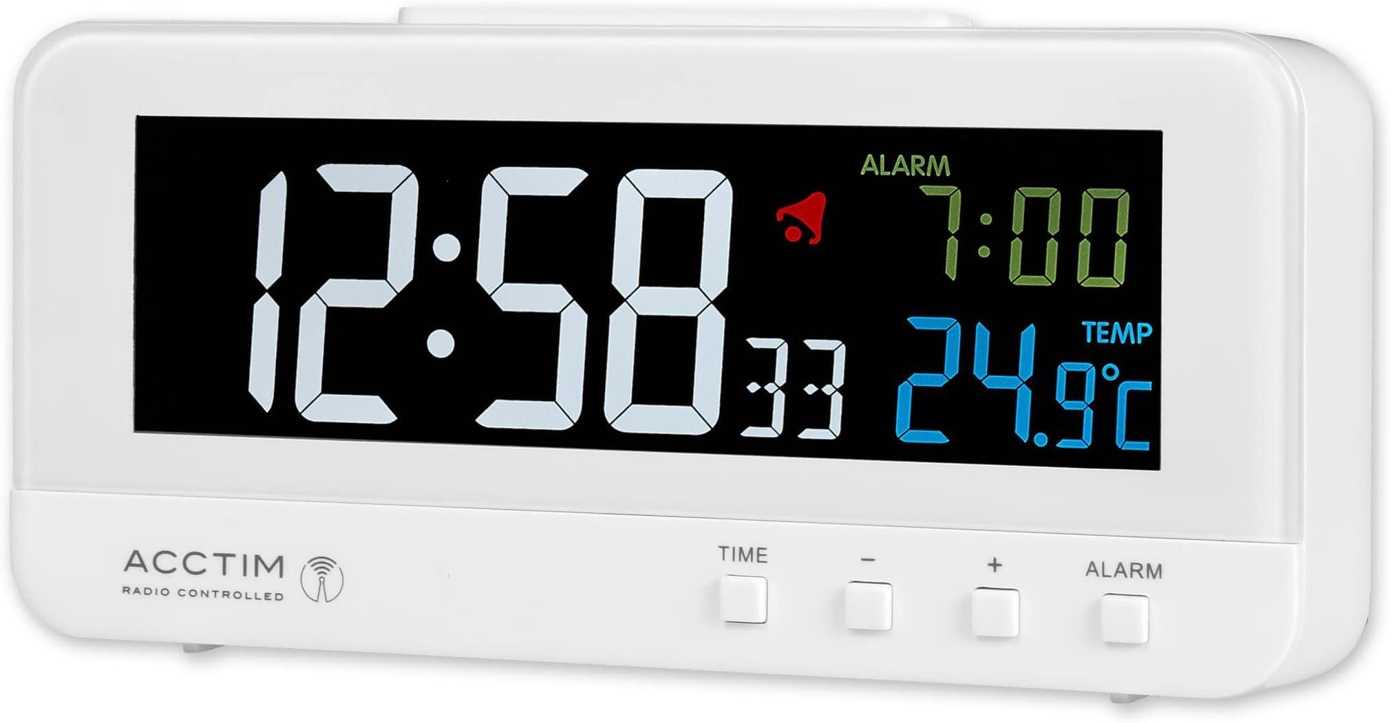 Rialto Stylish Radio Controlled Alarm Clock Displaying Time Alarm Time/Date and Indoor Temperature